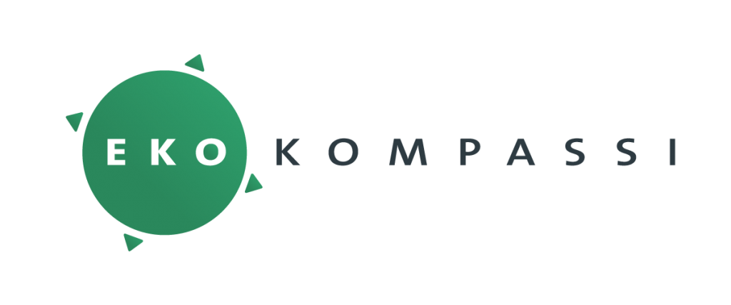 Ekokompassi-logo, jossa on vihreä ympyrä, jossa on sana EKO ja neljä pientä kompassia muistuttavaa kolmiomerkkiä. Ympyrän oikealla puolella on sana KOMPASSI nykyaikaisin mustin kirjaimin.