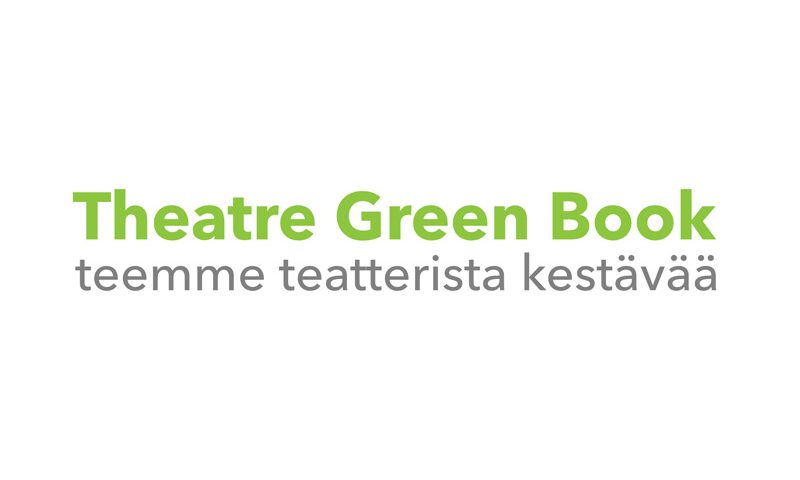Tekstilogo, jossa Teatterin vihreä kirja vihreällä ja teemme teatterista kestävää harmaalla valkoisella pohjalla.