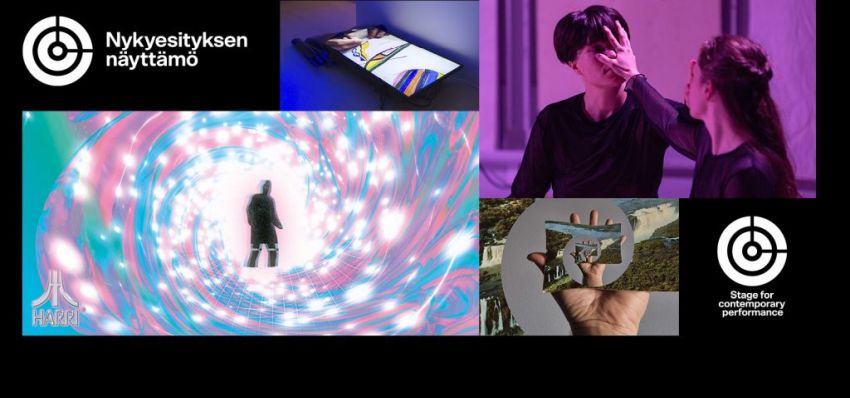 Kollaasi, jossa on "Stage for Contemporary Performance" -logo, abstraktia taidetta, surrealistinen digitaalinen portaali, jossa on kävelevä henkilö, kädessä taidejäljennöksiä ja kaksi ihmistä, jotka ovat dramaattisessa vuorovaikutuksessa lavalla.