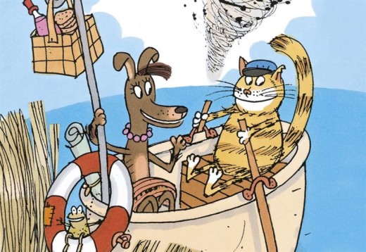 Sarjakuvakoira ja hattupäinen kissa soutavat yhdessä pientä venettä vedessä, reunalla istuu sammakko ja taustalla pyörteilee tornado. Koira hymyilee, kun taas kissa näyttää yllättyneeltä.