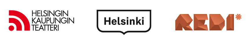 Kolme logoa: vasemmalla punainen ja valkoinen abstrakti muoto, jossa teksti Helsingin Kaupungin Teatteri; keskellä puhekupla, jossa sana Helsinki; oikealla geometrinen oranssi teksti REDI ja tähti.