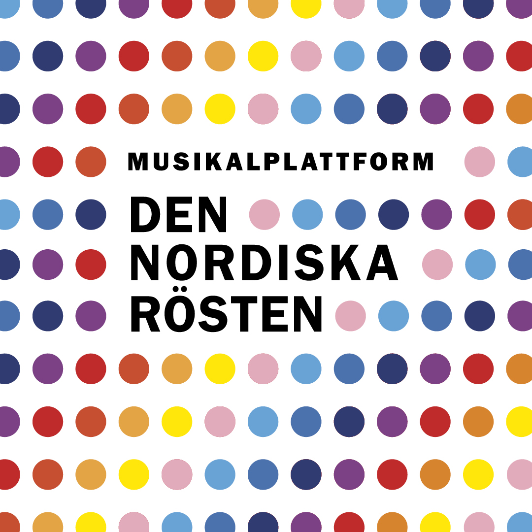 Valkoinen tausta, jossa on värikkäitä pisterivejä ja keskellä rohkea musta teksti, jossa lukee MUSIKALPLATTFORM DEN NORDISKA RÖSTEN.