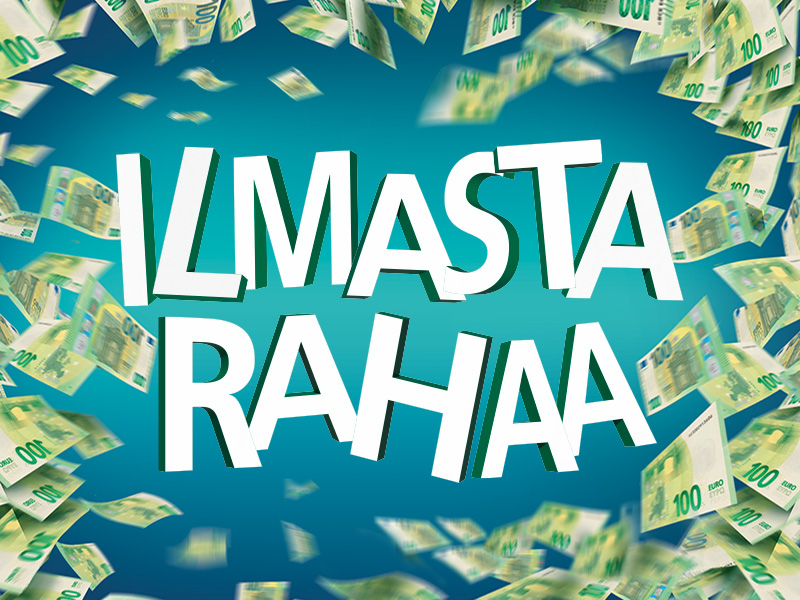 Euroseteleitä kelluu lihavoidun valkoisen suomenkielisen tekstin ILMASTA RAHAA ympärillä sinisellä pohjalla.