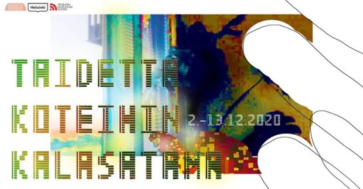 Abstrakti grafiikka, jossa on värikkäitä, pikselimäisiä muotoja ja suuri valkoinen ääriviiva kädestä, joka kurottautuu oikealta sisään. Tekstissä lukee: Ta idetta Koteihin Kalasatama 2.-13.12.2020. Logot vasemmassa yläkulmassa.