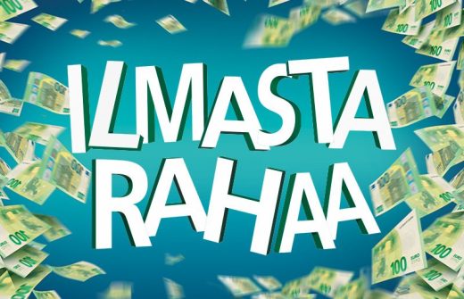 Suuri valkoinen teksti ILMASTA RAHAA on keskellä sinisellä pohjalla, ja sitä ympäröi monta lentävää 100 euron seteliä.