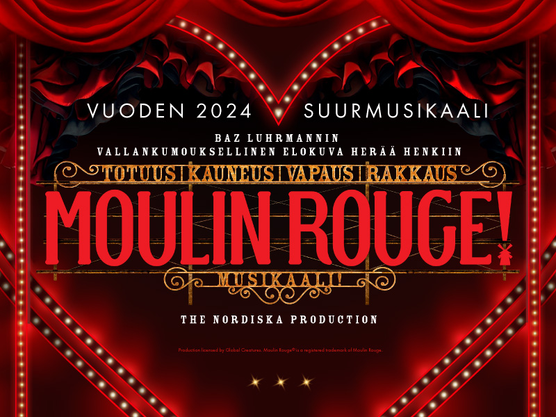 Moulin Rouge! -elokuvan elävä, teatterillinen juliste. Musikaali sisältää punaisia verhoja, valoja ja kultaisia korostuksia, ja se ilmoittaa Baz Luhrmannin elokuvaan perustuvasta musikaalituotannosta vuonna 2024.