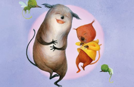 Kaksi omituista, karvaista olentoa tanssii iloisesti yhdessä vaaleanpunaisen ympyrän edessä violetilla taustalla, kun kaksi pientä vihreää, siivekästä hyönteistä lentää lähellä.