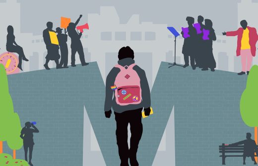 Henkilö, jolla on vaaleanpunainen reppu, seisoo haarautuvalla polulla. Toinen polku johtaa kylttien kanssa protestoiville ihmisille, toinen korokkeilla puhuville ihmisille. Etualalla on puita ja penkki, taustalla kaupungin rakennuksia.