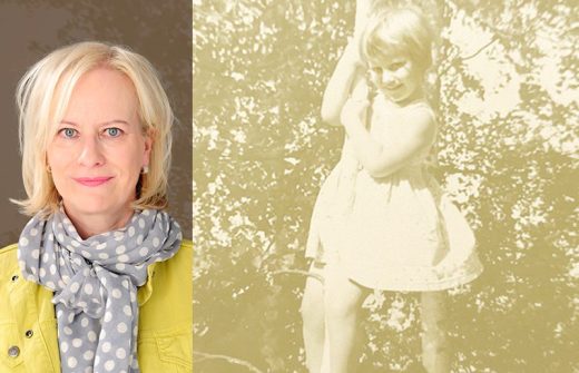 Jaetussa kuvassa vasemmalla on vaaleahiuksinen nainen, jolla on keltainen takki ja pilkullinen huivi, ja oikealla haalistunut vintage-kuva nuoresta tytöstä, joka leikkii ulkona.