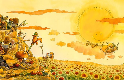 Kummallinen kohtaus, jossa pienet, panssaroidut eläimelliset olennot valmistautuvat taisteluun auringonkukkapellolla hymyilevän auringon alla, ja jotkut ratsastavat lentävillä vehkeillä oranssin sävyisen taivaan yllä.