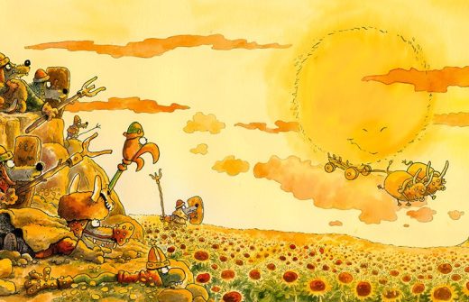 Kuvituskuva pienistä, panssaroituneista eläimistä, jotka valmistautuvat taisteluun kallioisella kukkulalla, vastapäätä laaja auringonkukkapelto suuren, hymyilevän auringon alla ja taivaalla lentävät ajoneuvot.