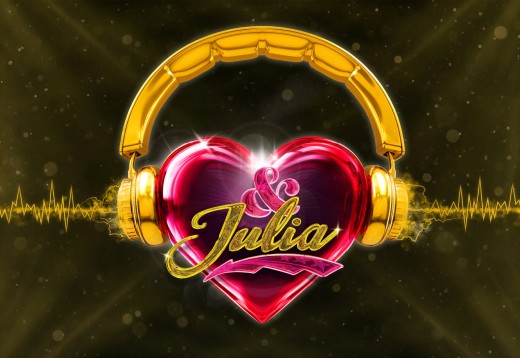 Kiiltävä punainen sydän, jolla on kultaiset kuulokkeet ja jossa lukee "& Julia", tummalla taustalla keltaiset ääniaallot.