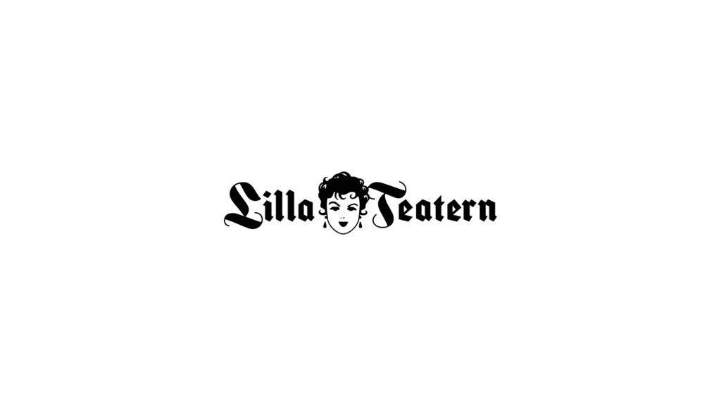 Lilla Teatern -logossa on nimi mustilla goottityylisillä kirjaimilla, ja sanojen välissä keskellä on tyylitelty naisen kasvot.